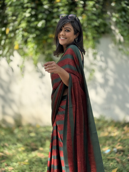 MAROON-BOTTLE GREEN MODAL SILK AJRAKH BLOCK PRINT SARI