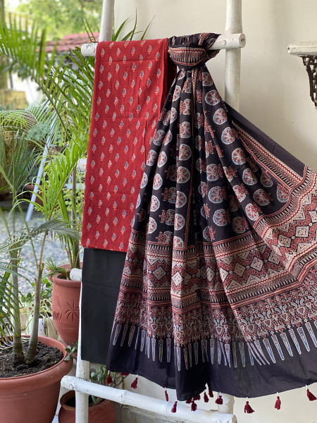 MAROON-BLACK AJRAKH COTTON BLOCK PRINT DUPATTA SET