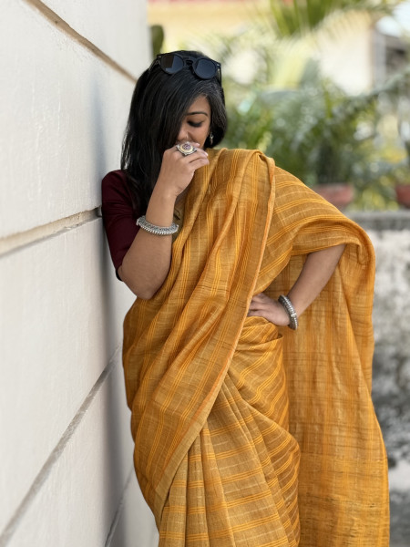 MUSTARD HAND ZARI WOVEN TUSSAR SILK SARI