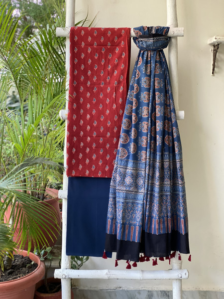 MAROON-INDIGO AJRAKH COTTON BLOCK PRINT DUPATTA SET