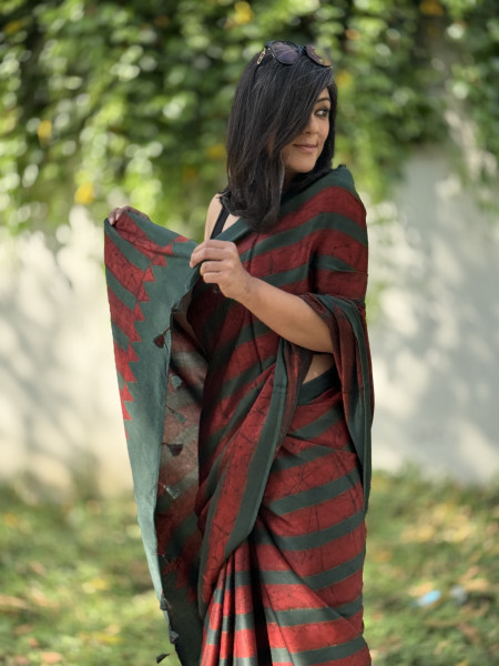 MAROON-BOTTLE GREEN MODAL SILK AJRAKH BLOCK PRINT SARI