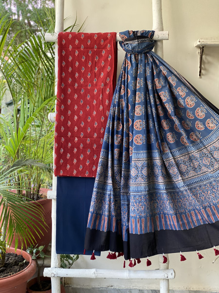 MAROON-INDIGO AJRAKH COTTON BLOCK PRINT DUPATTA SET