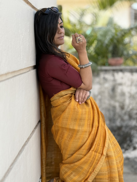 MUSTARD HAND ZARI WOVEN TUSSAR SILK SARI
