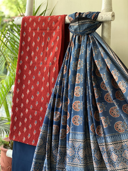 MAROON-INDIGO AJRAKH COTTON BLOCK PRINT DUPATTA SET