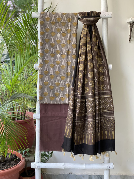 GREY-BROWN AJRAKH COTTON BLOCK PRINT DUPATTA SET