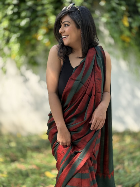 MAROON-BOTTLE GREEN MODAL SILK AJRAKH BLOCK PRINT SARI