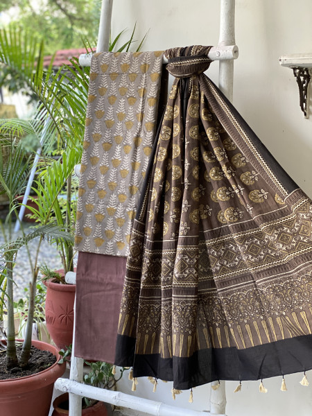 GREY-BROWN AJRAKH COTTON BLOCK PRINT DUPATTA SET