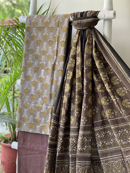 GREY-BROWN AJRAKH COTTON BLOCK PRINT DUPATTA SET