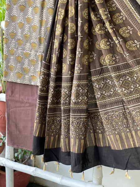 GREY-BROWN AJRAKH COTTON BLOCK PRINT DUPATTA SET