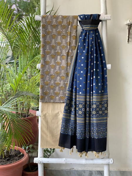 GREY-INDIGO AJRAKH COTTON BLOCK PRINT DUPATTA SET
