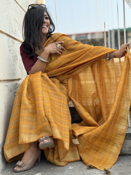 MUSTARD HAND ZARI WOVEN TUSSAR SILK SARI