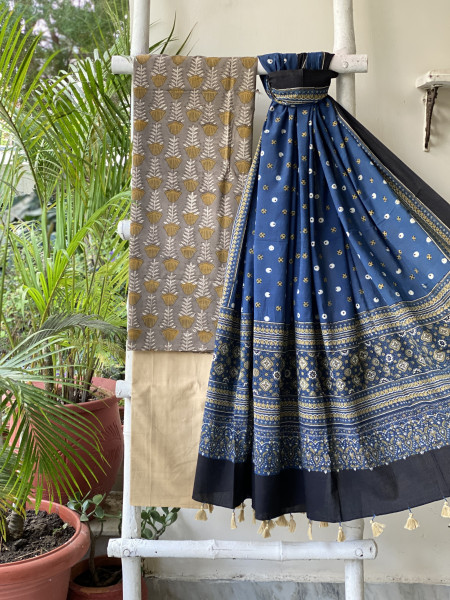GREY-INDIGO AJRAKH COTTON BLOCK PRINT DUPATTA SET