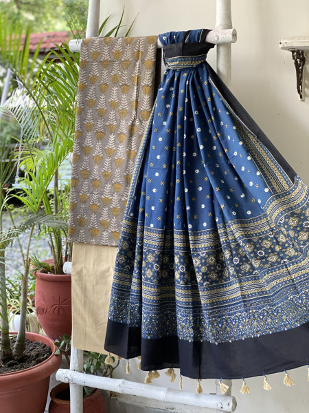 GREY-INDIGO AJRAKH COTTON BLOCK PRINT DUPATTA SET