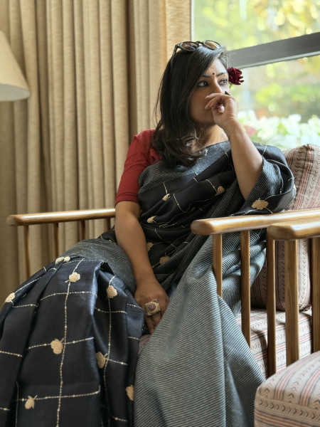 BLACK  KORA SILK HAND EMBROIDERED SARI