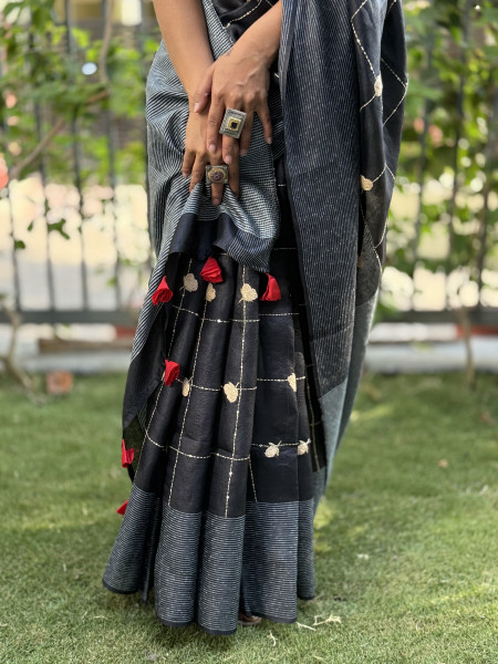 BLACK  KORA SILK HAND EMBROIDERED SARI