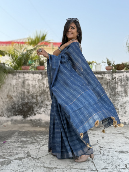 INDIGO HAND ZARI WOVEN TUSSAR SILK SARI