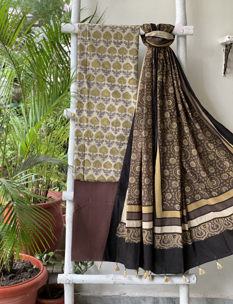 BEIGE-BROWN AJRAKH COTTON BLOCK PRINT DUPATTA SET