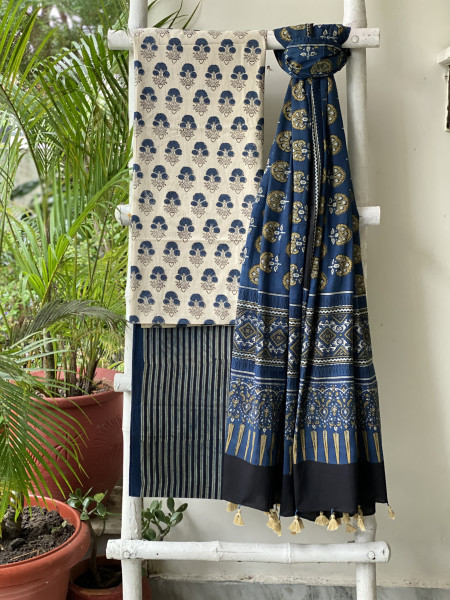 BEIGE-INDIGO AJRAKH COTTON BLOCK PRINT DUPATTA SET