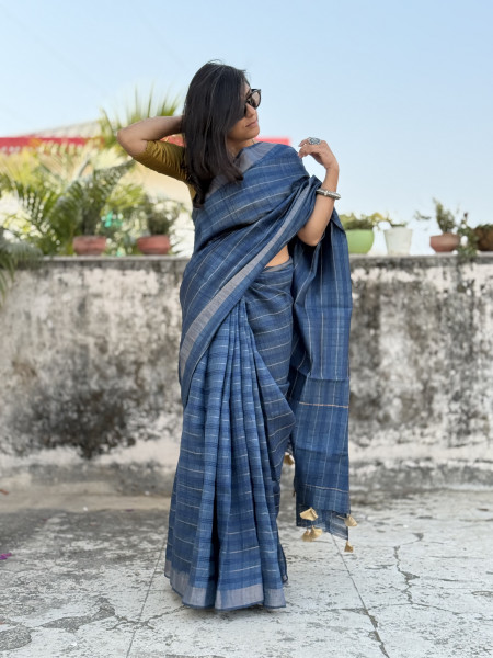 INDIGO HAND ZARI WOVEN TUSSAR SILK SARI