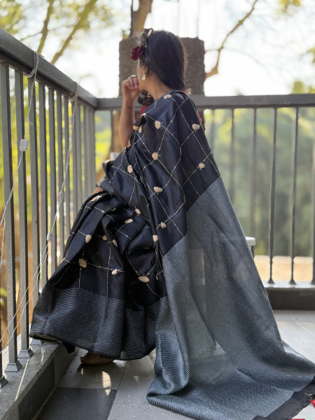 BLACK  KORA SILK HAND EMBROIDERED SARI