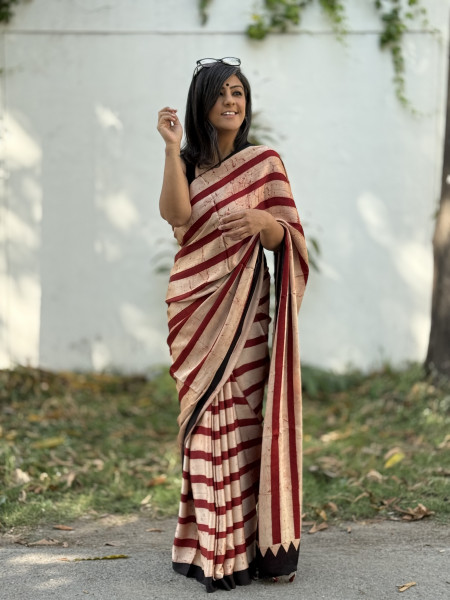 RED-BEIGE MODAL SILK AJRAKH BLOCK PRINT SARI