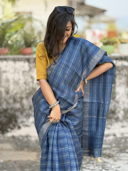 INDIGO HAND ZARI WOVEN TUSSAR SILK SARI
