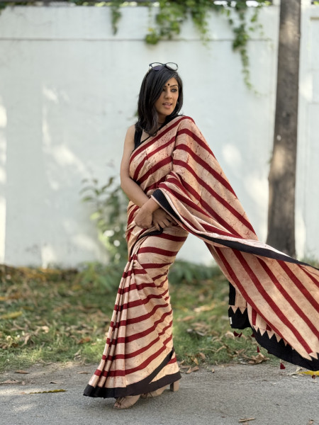 RED-BEIGE MODAL SILK AJRAKH BLOCK PRINT SARI