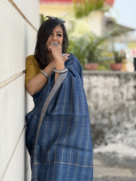 INDIGO HAND ZARI WOVEN TUSSAR SILK SARI