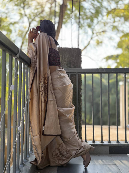 BEIGE TUSSAR SILK HAND EMBROIDERED SARI