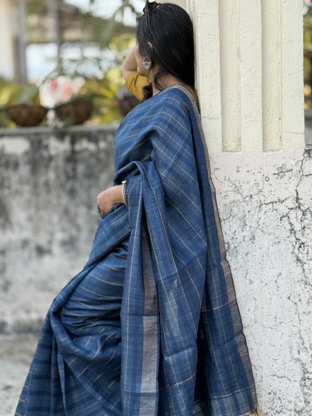 INDIGO HAND ZARI WOVEN TUSSAR SILK SARI
