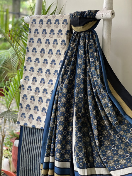BEIGE-INDIGO AJRAKH COTTON BLOCK PRINT DUPATTA SET