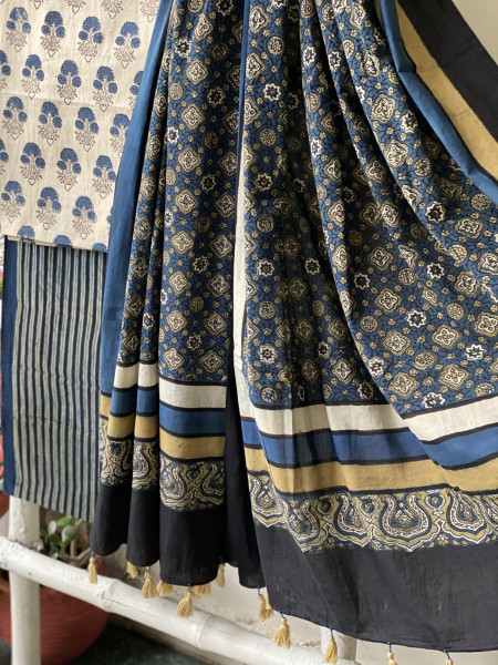 BEIGE-INDIGO AJRAKH COTTON BLOCK PRINT DUPATTA SET