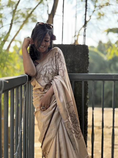 BEIGE TUSSAR SILK HAND EMBROIDERED SARI