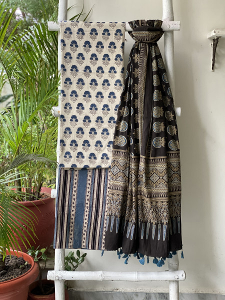 BEIGE-BLACK AJRAKH COTTON BLOCK PRINT DUPATTA SET
