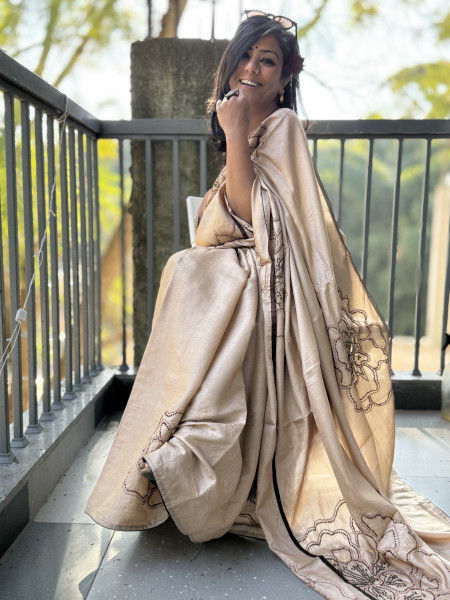 BEIGE TUSSAR SILK HAND EMBROIDERED SARI