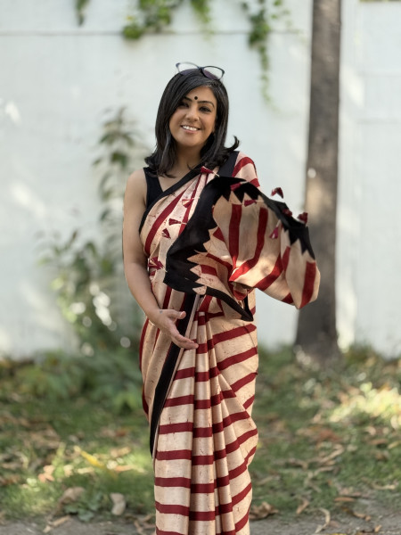 RED-BEIGE MODAL SILK AJRAKH BLOCK PRINT SARI