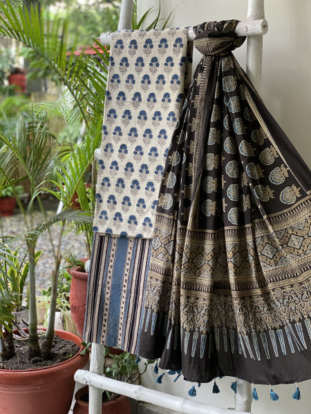 BEIGE-BLACK AJRAKH COTTON BLOCK PRINT DUPATTA SET