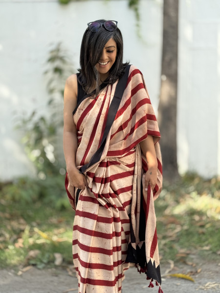 RED-BEIGE MODAL SILK AJRAKH BLOCK PRINT SARI