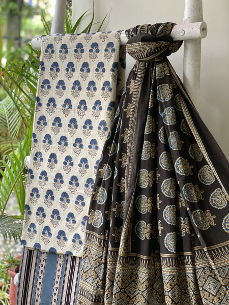 BEIGE-BLACK AJRAKH COTTON BLOCK PRINT DUPATTA SET