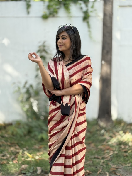 RED-BEIGE MODAL SILK AJRAKH BLOCK PRINT SARI