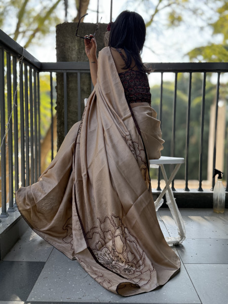 BEIGE TUSSAR SILK HAND EMBROIDERED SARI