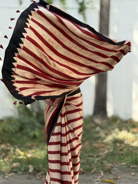 RED-BEIGE MODAL SILK AJRAKH BLOCK PRINT SARI