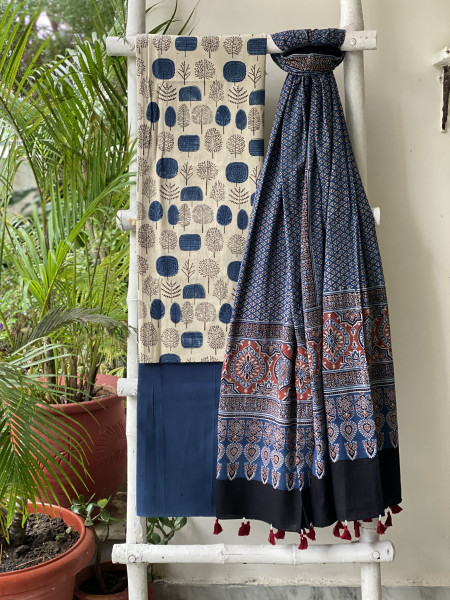 BEIGE-INDIGO AJRAKH COTTON BLOCK PRINT DUPATTA SET