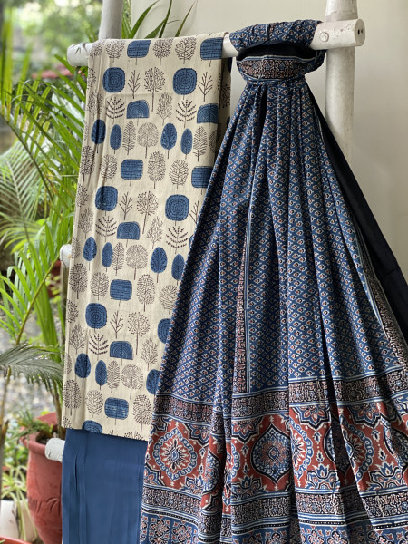 BEIGE-INDIGO AJRAKH COTTON BLOCK PRINT DUPATTA SET