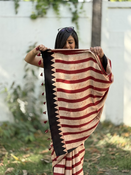 RED-BEIGE MODAL SILK AJRAKH BLOCK PRINT SARI