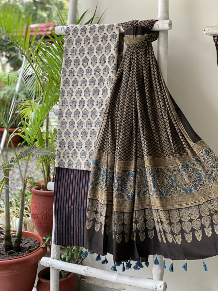 BEIGE-BLACK AJRAKH COTTON BLOCK PRINT DUPATTA SET