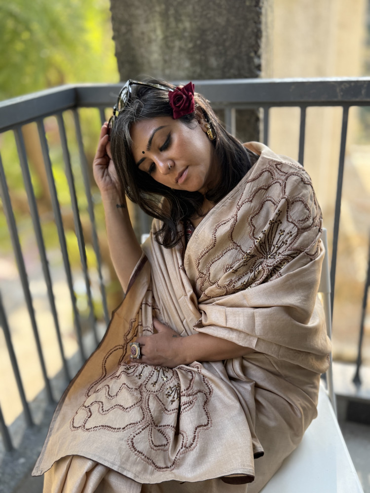 Image of BEIGE TUSSAR SILK HAND EMBROIDERED SARI