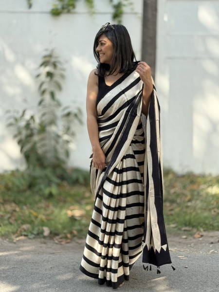 BLACK-OFF WHITE MODAL SILK AJRAKH BLOCK PRINT SARI