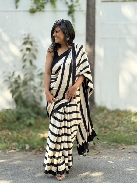 BLACK-OFF WHITE MODAL SILK AJRAKH BLOCK PRINT SARI