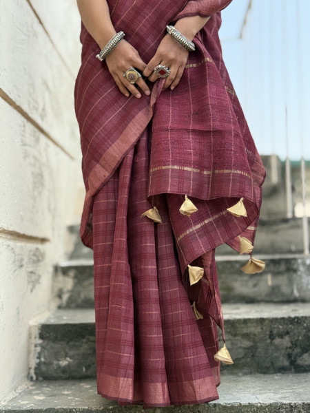 MAROON HAND ZARI WOVEN TUSSAR SILK SARI